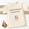 Personalized Child Dedication T-shirt in natural cream with custom child dedication wording, church logo, and choice of font for baby dedication or church celebration.