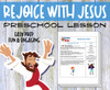 Printable preschool Bible lesson titled “Rejoice with Jesus” featuring colorful Bible verse coloring pages, Sunday school craft materials, and a take-home card. Designed for Christian homeschool, Sunday school, and early childhood faith education. For ages 2–6.