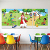 Colorful illustration of Jesus in a park welcoming children, including a skateboarder, two hikers with backpacks, and a small dog, with trees, butterflies, and a bright outdoor setting.
