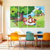 Jesus sitting with two children in a bright outdoor scene printed as a multi-panel classroom banner displayed above colorful chairs in a church classroom.