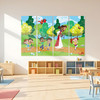 Illustration of Jesus walking with preschool and kindergarten-aged children in a bright park, shown on a multi-panel vinyl banner