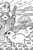 close up of joseph holding staff with sheep in black and white coloring illustration