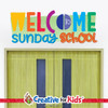 Welcome To Sunday School Horizontal Wall Decal Greeting Sign welcomes children and families as they walk down the hallways in your Kids Church, Sunday School Classroom, registration area, or Children's Ministry.