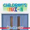 Children's Check-In Horizontal Welcome Sign Wall Decal Greeting Sign welcomes children and families as they walk down the hallways in your Kids Church, Sunday School Classroom, registration area, or Children's Ministry.