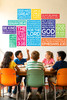 Elementary students learning beneath a Scripture Memory Wall Decal grouping in a Christian classroom.