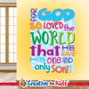 God So Loved The World Bible Verse Wall Decal offers a budget friendly Biblically focused way to decorate your Sunday School classroom, kids church, or Children's Ministry hallways.
