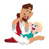 Jesus holding a smiling baby in a child-friendly Bible wall decal illustration on a white background.