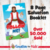 Follow Me Salvation Booklet explains the gospel story, accepting Jesus as Savior, water baptism, and how Jesus sent us the gift of the Holy Spirit to be our helper.