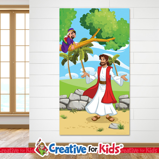 Zacchaeus meets Jesus, Creative For kids Bible Story Banners are wall decor and wall hangings designed for Sunday school, Kids church, homeschool, child care, and children's ministry.