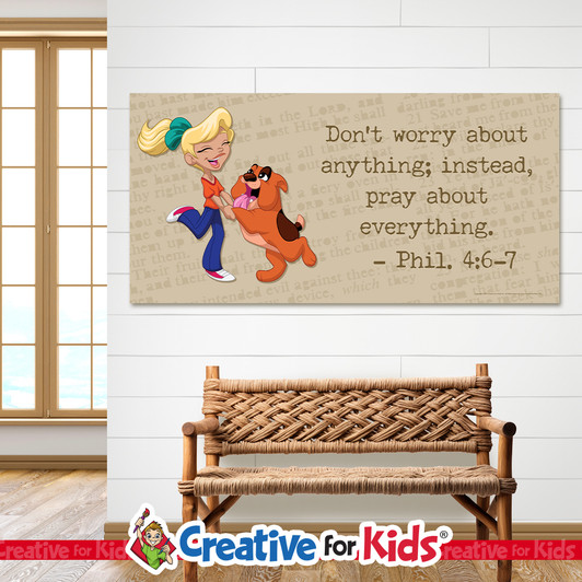 Phil 4:6-7 Don't worry about anything Minimal Scripture Banner is a great way to display Bible verses in Sunday school, Kids Church, Children's Ministry.
