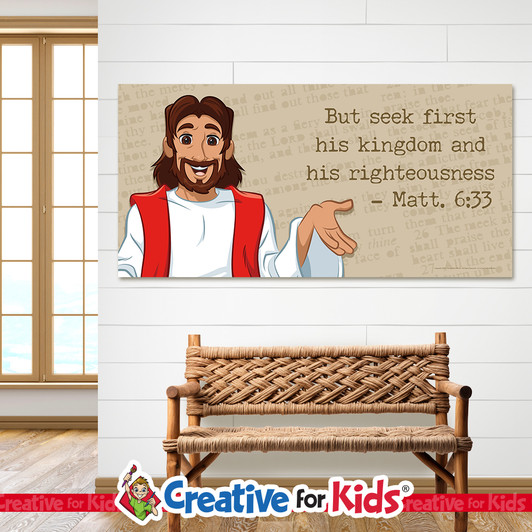 Matt 6:33 Seek first his kingdom Minimal Scripture Banner is a great way to display Bible verses in Sunday school, Kids Church, Children's Ministry.