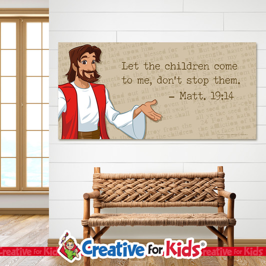 Matthew 19:14 Let the children come Minimal Scripture Banner is a great way to display Bible verses in Sunday school, Kids Church, Children's Ministry.