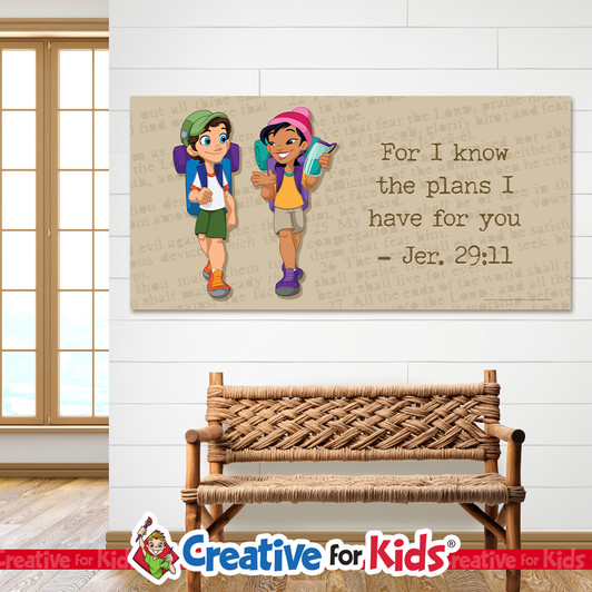 Jer. 29:11 For I know the plans Minimal Scripture Banner is a great way to display Bible verses in Sunday school, Kids Church, Children's Ministry.