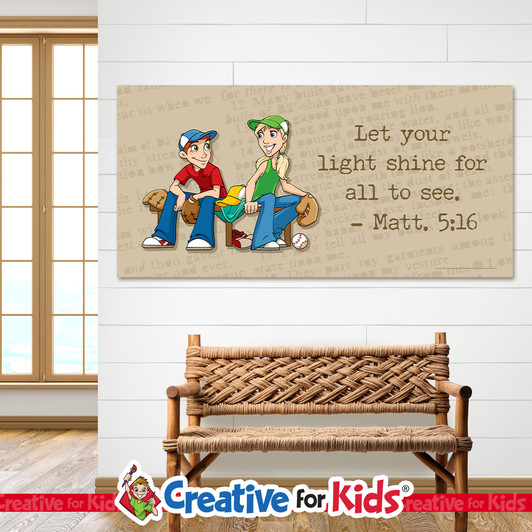 Matt. 5:16 Let your light shine Minimal Scripture Banner is a great way to display Bible verses in Sunday school, Kids Church, Children's Ministry.