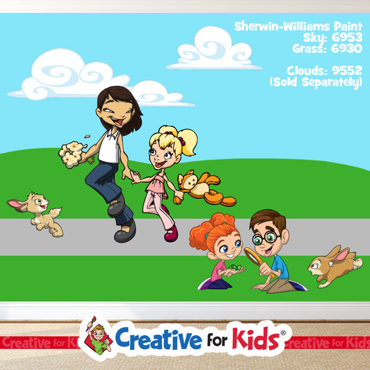 Skipping Kids Park groupings from Creative For Kids Sunday School Wall Decal Scenes are great teaching and decorating resources for the hallways in your Kids Church, Sunday School Classroom, registration area, or Children's Ministry. Creative For Kids offers many Church Decor, Church stage decor, and Wall art resources.