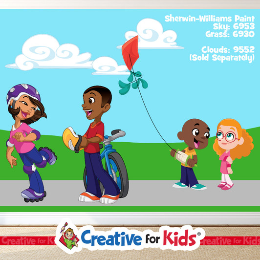 Flying Kites Kids Park groupings from Creative For Kids Sunday School Wall Decal Scenes are great teaching and decorating resources for the hallways in your Kids Church, Sunday School Classroom, registration area, or Children's Ministry. Creative For Kids offers many Church Decor, Church stage decor, and Wall art resources.