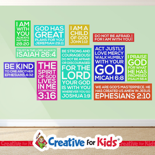 Medium Grouping Crisp Design Scripture Wall Decals designed for kids church wall at least 14 ft x 8 ft. Decals perfect for your Sunday School, kids church, or Children's Ministry hallways. Books of the Bible wall decals.