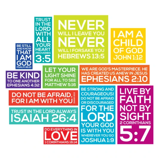 Small Scripture Memory Wall Decal grouping featuring colorful Bible verses for children.