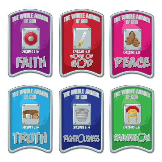 Complete Armor of God wall decal set featuring Faith, Truth, Peace, Righteousness, Salvation, and the Word of God.