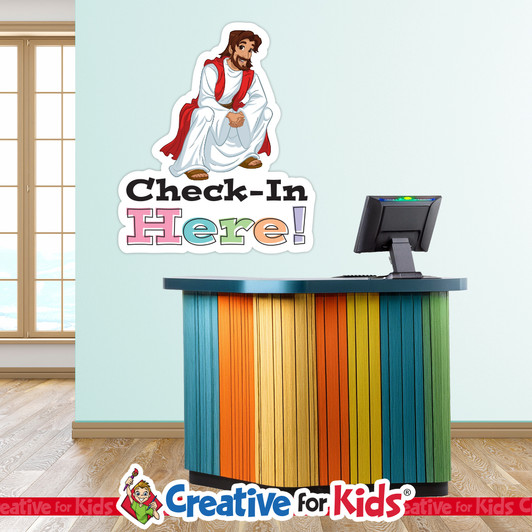 Wall Check-In Here Vertical. This CreativeForKids.com Welcome Sign, Welcome Wall Decal, Preschool Decal, Nursery Decal, welcoming children as they walk down the Bible Story hallway in your Kids Church, Nursery Hallway, Preschool Hallway, Sign In area, in Children's Ministry.