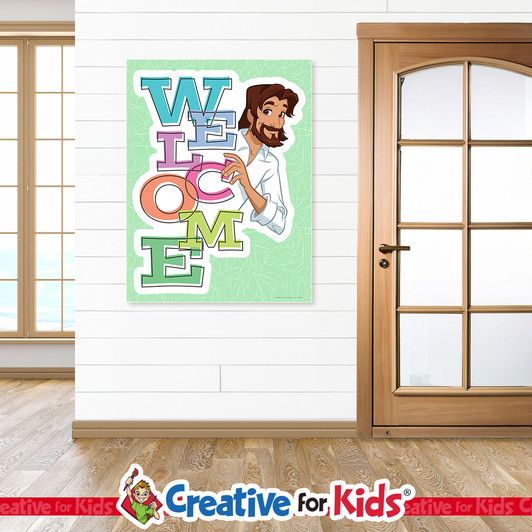 Welcome Jesus  Vertical Banner is great for Bible Story Wall Decor. Designed for Nursery Hallway, Preschool Hallway, and Bible Story Hallway. This Bible Story Wall Hanging is a welcoming decor when added as a Sunday School Banner, Kids Church Banner, or Preschool Banner.