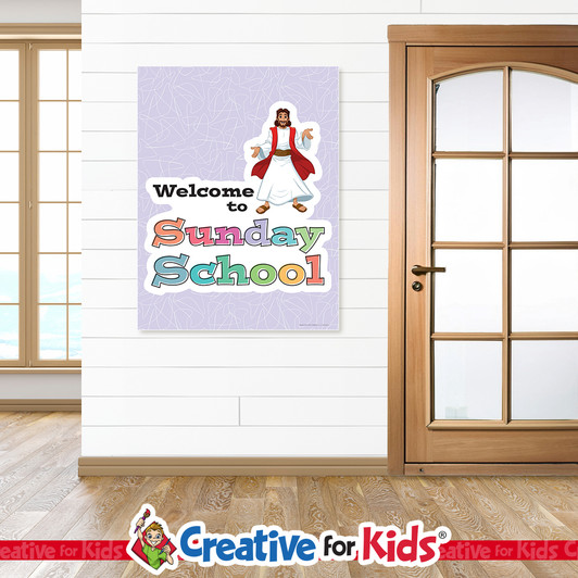 Welcome To Sunday School Vertical Banner is great for Bible Story Wall Decor. Designed for Nursery Hallway, Preschool Hallway, and Bible Story Hallway. This Bible Story Wall Hanging is a welcoming decor when added as a Sunday School Banner, Kids Church Banner, or Preschool Banner.