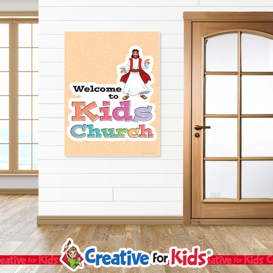 Welcome To Kids Church Vertical Banner is great for Bible Story Wall Decor. Designed for Nursery Hallway, Preschool Hallway, and Bible Story Hallway. This Bible Story Wall Hanging is a welcoming decor when added as a Sunday School Banner, Kids Church Banner, or Preschool Banner.