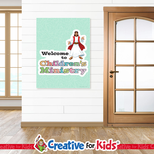 Welcome To Children's Ministry Vertical Banner is great for Bible Story Wall Decor. Designed for Nursery Hallway, Preschool Hallway, and Bible Story Hallway. This Bible Story Wall Hanging is a welcoming decor when added as a Sunday School Banner, Kids Church Banner, or Preschool Banner.