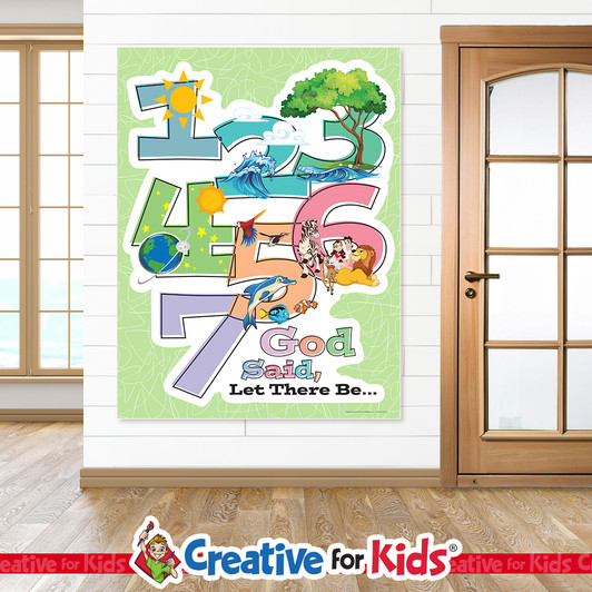 Days Of Creation  Vertical Banner is great for Bible Story Wall Decor. Designed for Nursery Hallway, Preschool Hallway, and Bible Story Hallway. This Bible Story Wall Hanging is a welcoming decor when added as a Sunday School Banner, Kids Church Banner, or Preschool Banner.