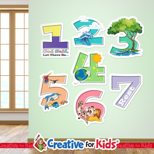 7 Days of Creation wall decor grouping tells the Creation Story  for Sunday school, kids church, and children's ministry, and preschool hallways. Display in your Bible Story Hallway.