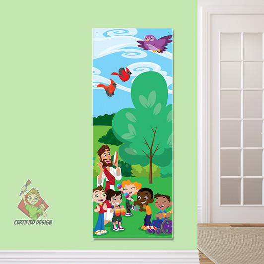 Jesus Singing PreK Bible Stories Worship Banner encourages kids to spend time with Jesus as they walk down the children’s ministry hallway,in their Sunday School classroom, or in kids church. All vinyl banners include the option of grommets or no grommets.