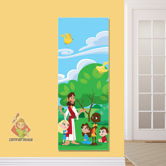 Jesus Teaching PreK Bible Stories Banner encourages kids to spend time with Jesus as they walk down the children’s ministry hallway,in their Sunday School classroom, or in kids church. All vinyl banners include the option of grommets or no grommets.