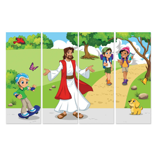 Colorful illustration of Jesus in a park welcoming children, including a skateboarder, two hikers with backpacks, and a small dog, with trees, butterflies, and a bright outdoor setting