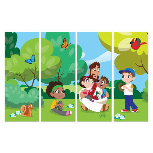 Preschool and kindergarten wall art showing Jesus with children in a colorful outdoor scene, used for Sunday School and children’s ministry classrooms, printed on durable vinyl.