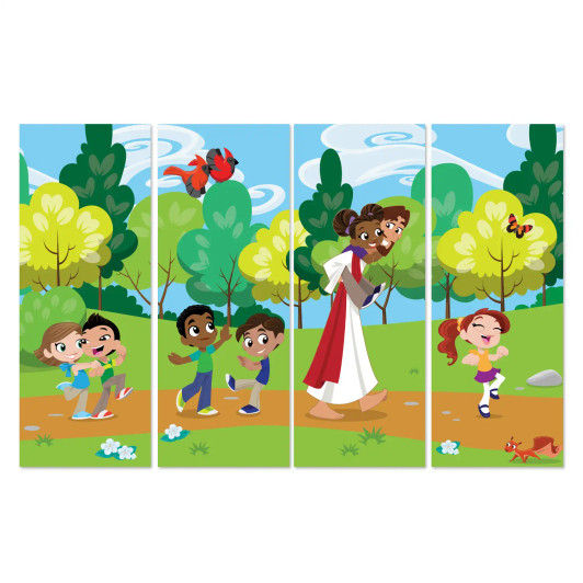 Illustration of Jesus walking with preschool and kindergarten-aged children in a bright park, shown on a multi-panel vinyl banner