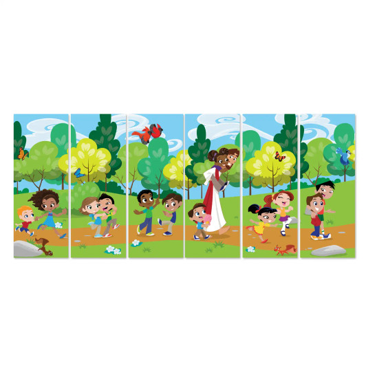 Illustration of preschool and kindergarten-aged children Following Jesus in a bright park, shown on a multi-panel vinyl banner