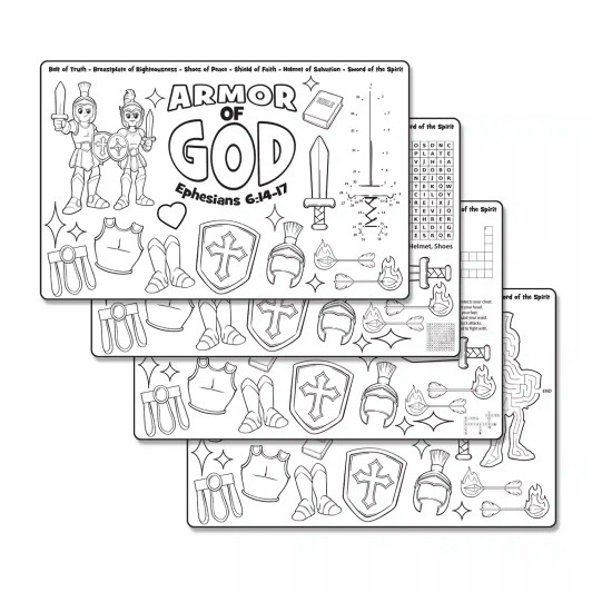 Armor of God coloring placemats for kids with Bible-themed activities. Set of 17x11 Christian activity sheets featuring word searches, connect-the-dots, and Scripture visuals for Sunday School, children’s ministry, homeschooling, and Christian education.
