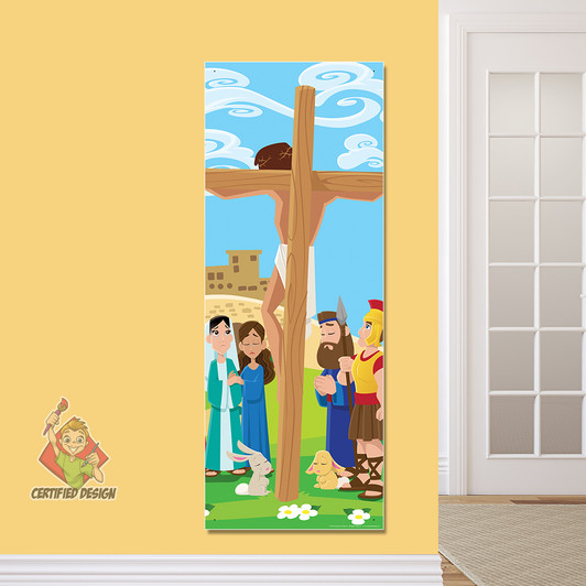 Jesus On The Cross, Crucifixion, PreK Bible Stories Easter Banner offers an easy to install, cost effective, D.I.Y alternative to decorating any Nursery, PreK, Sunday School, Registration area or Children's Ministry hallway for Easter. All vinyl banners include the option of grommets or no grommets.