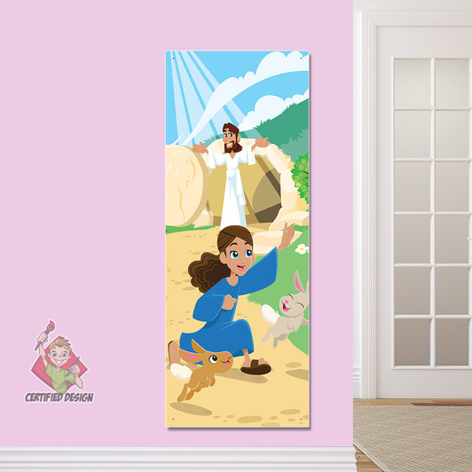 Jesus Resurrection, He is Risen, PreK Bible Stories Easter Banner offers an easy to install, cost effective, D.I.Y alternative to decorating any Nursery, PreK, Sunday School, Registration area or Children's Ministry hallway for Easter. All vinyl banners include the option of grommets or no grommets.