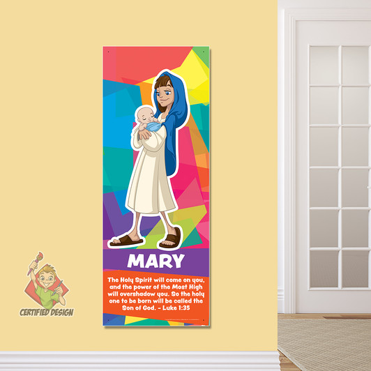 Mary Mother of Jesus Young Bible Story Hero Sunday School Banner brings the Books of the Bible  to life for Elementary age kids in Sunday School, kids church, Nursery, Preschool, Children’s Ministry hallways, or Registration area. All vinyl banners are cost effective, easy to install and include the option of grommets or no grommets.