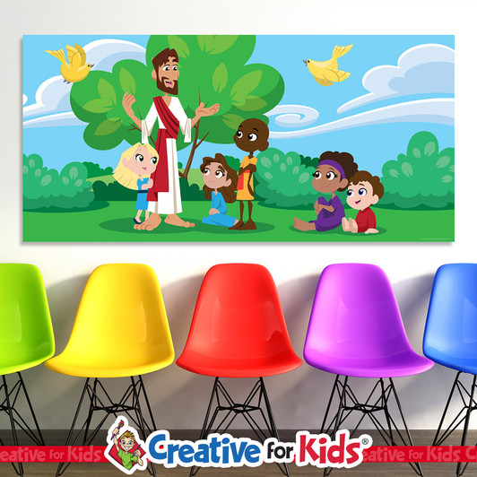 Jesus Teaching Children Bible Stories HOR Banner offers an easy to install, cost effective, D.I.Y alternative to decorating any Nursery, PreK, Sunday School, Registration area or Children's Ministry hallway. All vinyl banners include the option of grommets or no grommets.