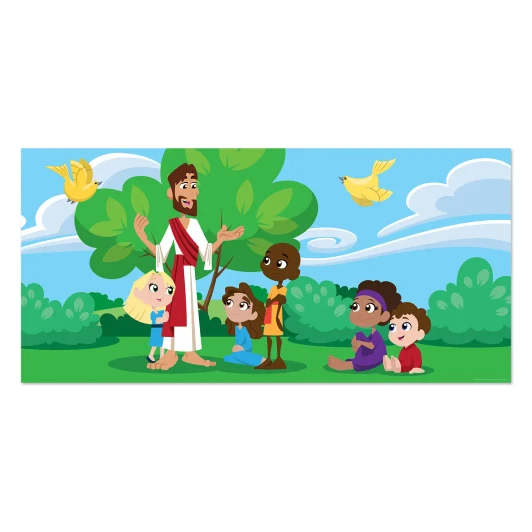 Jesus teaching children outdoors banner