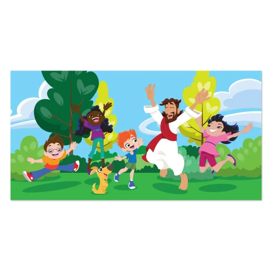 Kids worshiping with Jesus banner