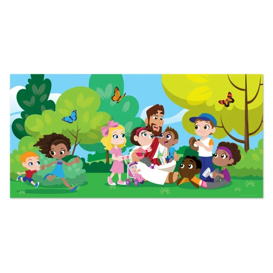 Jesus talking with children banner