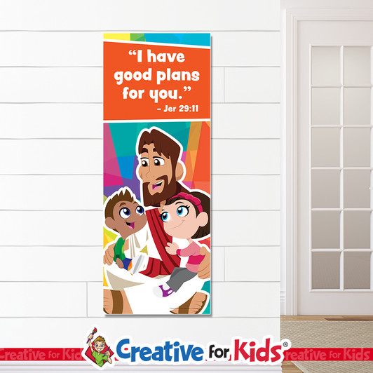 Jesus I Have Good Plans For You Banner Child of God wall decor reminds kids and families how much Jesus loves them on their way to their Sunday School classroom, in kids church, or Children's Ministry. All vinyl banners include the option of grommets or no grommets.