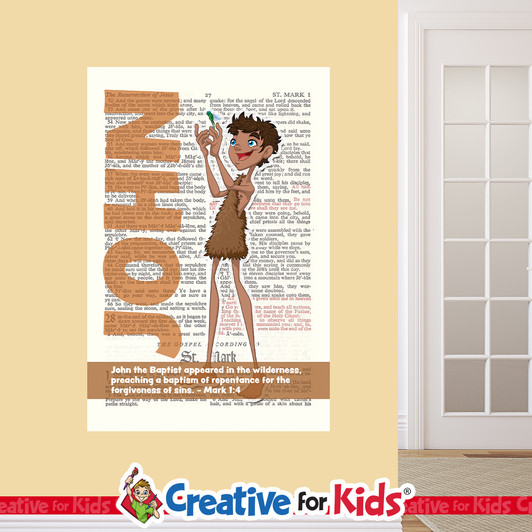John scripture page wall decal will display wonderfully in your Kids Church, Sunday School Classroom or anywhere you want an eye-catching Bible character.