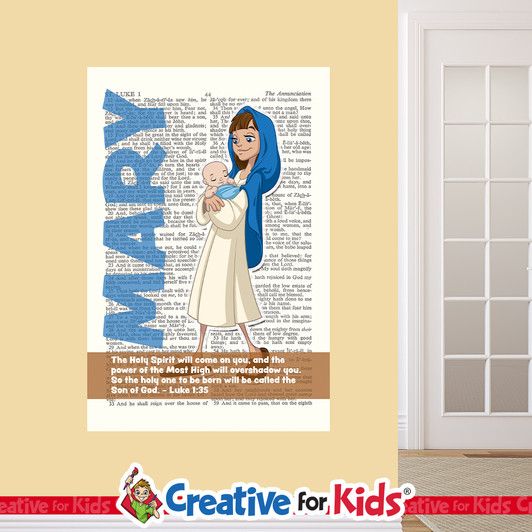 Mary Mother of Jesus Bible Hero Scripture Page Wall Decal visibly tells the story about a Bible Hero Kids can be inspired by on their way to their Sunday School classroom, in kids church, or in the Children's Ministry hallway.