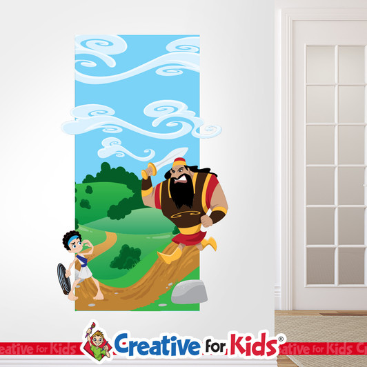 David And Goliath Bible Story Scene Wall Decal reminds kids and families of amazing Bible heroes and stories on their way to their Sunday School classroom, in kids church, or Children's Ministry.