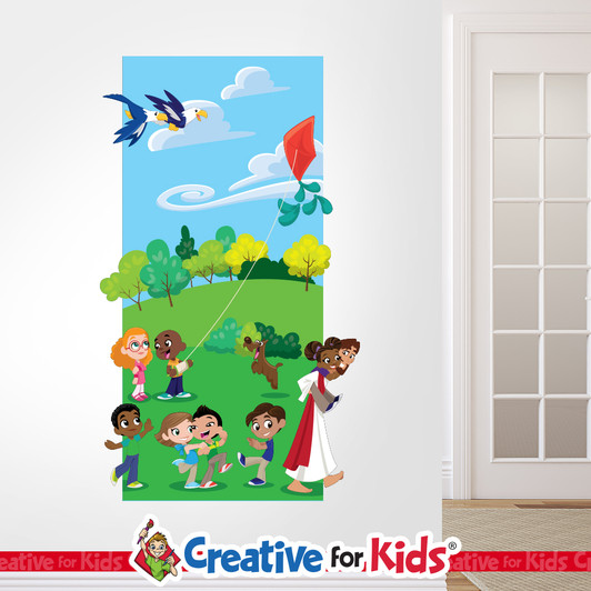 Come follow Jesus, Jesus Follow Me Scene Bible Story Wall Decal reminds kids and families of amazing Bible heroes and stories on their way to their Sunday School classroom, in kids church, or Children's Ministry.