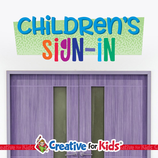 Children's Sign-In Horizontal Welcome Sign Wall Decal Greeting Sign welcomes children and families as they walk down the hallways in your Kids Church, Sunday School Classroom, registration area, or Children's Ministry.